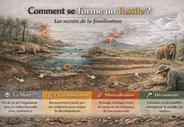 Les 4 types de fossiles : mort, enfouissement, minéralisation et découverte. Illustration d'un paysage préhistorique avec mammouths et volcans.