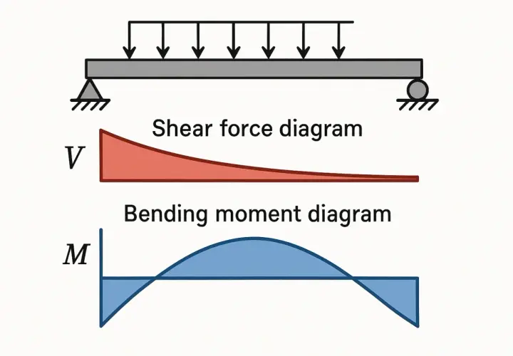 Diagrammes de force tranchante et de moment fléchissant pour une poutre sous charge uniformément répartie. Le moment d'une force formule est illustré.