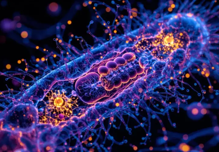 Cellules bleues et oranges lumineuses, évoquant la recherche sur la maladie mitochondriale et l'espérance de vie.