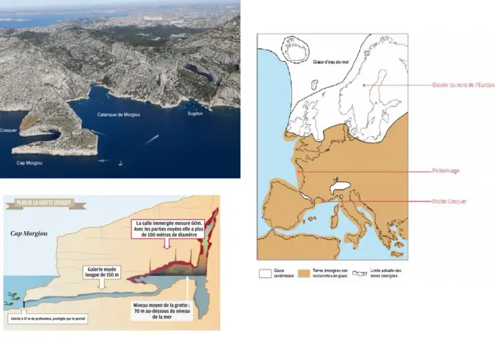 Vue aérienne des Calanques de Marseille, avec la grotte Cosquer. Carte montrant l'Europe il y a 65 millions d'années, avec les glaciers.