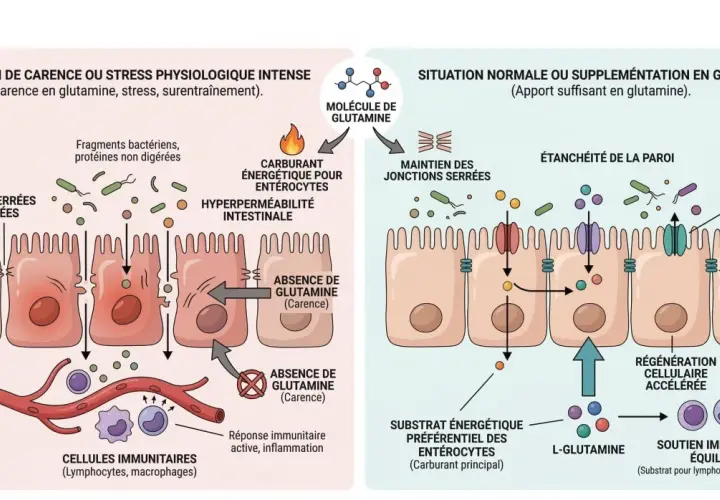 Schéma comparant l'intestin en carence de glutamine (hyperperméabilité, inflammation) et en situation normale où la glutamine maintient l'intégrité et le soutien immunitaire.