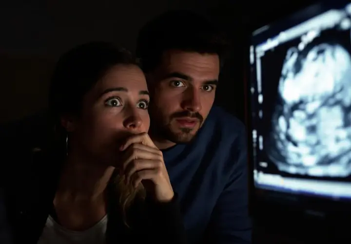 Un couple découvre avec stupeur sur une échographie jumeaux caché. Leurs yeux écarquillés reflètent l'incrédulité face à cette nouvelle inattendue.