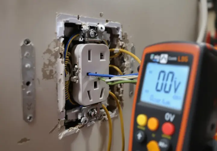 Un multimètre affiche 00V, une unité de mesure de la tension, près d'une prise électrique en cours d'installation.