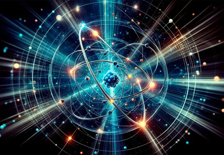 Représentation abstraite de l'état fondamentale d'un atome, avec un noyau central bleu entouré d'électrons orbitant sur des trajectoires lumineuses.