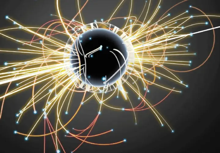 Une sphère noire au centre, entourée de traînées lumineuses jaunes et rouges. C'est quoi un photon ? Une particule de lumière.