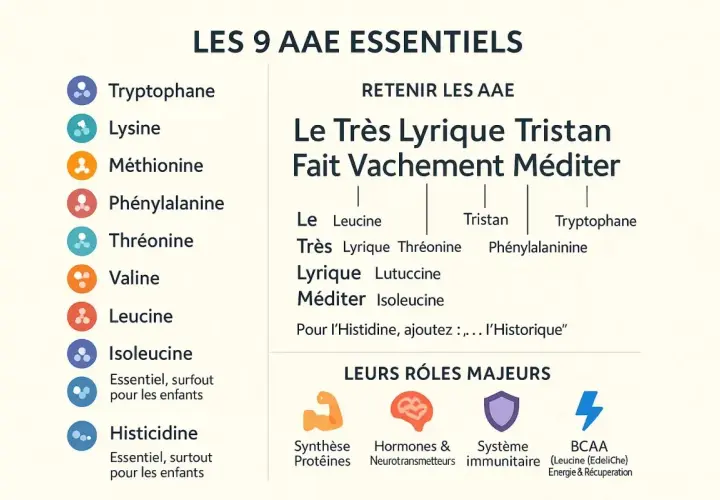Liste des 9 acides aminés essentiels (AAE) avec une phrase mnémotechnique pour les retenir et leurs rôles majeurs.