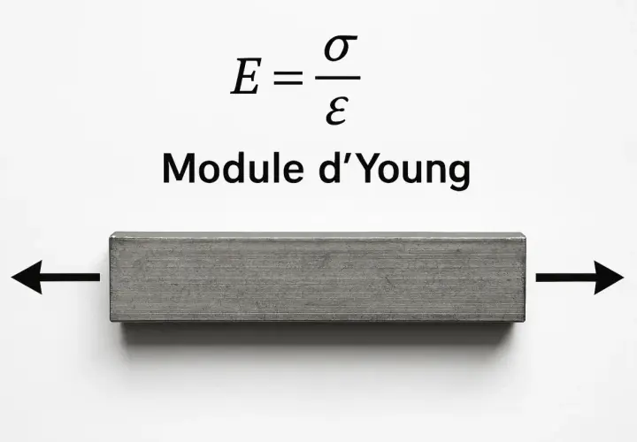 Le module d'Young illustré par une barre métallique soumise à des forces opposées. La formule E = σ/ε est affichée.