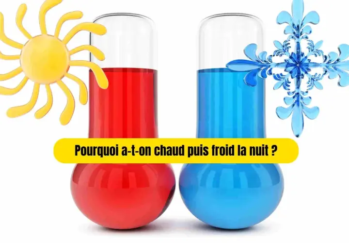 Deux thermomètres, l'un rouge avec un soleil, l'autre bleu avec un flocon, illustrent la sensation chaud froid. La question "Pourquoi a-t-on chaud puis froid la nuit ?" est affichée.