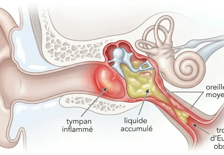Coupe de l'oreille montrant un tympan enflammé, du liquide accumulé et une trompe d'Eustache obstruée, symptômes d'une otite virale ou bactérienne.