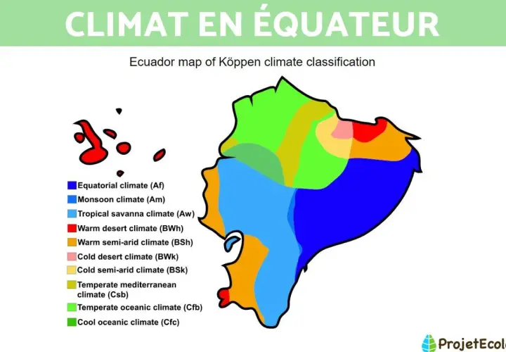 Carte de l'Équateur montrant la classification climatique de Köppen. La ligne équatoriale traverse plusieurs zones climatiques, dont l'équatorial, la savane et le désert.