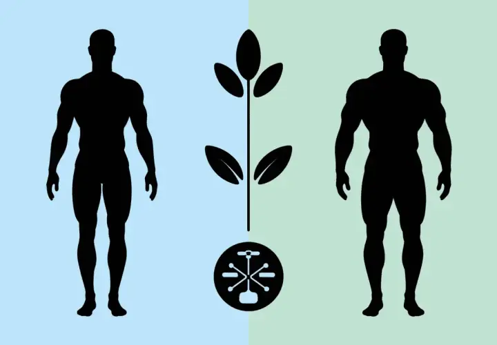 Deux silhouettes masculines au corps un peu musclé encadrent une plante stylisée et un symbole technologique.