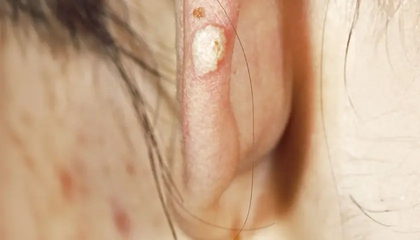 Gros plan sur une oreille montrant une lésion de calcinose sous cutanée, blanche et légèrement surélevée, avec une petite lésion brune à proximité.