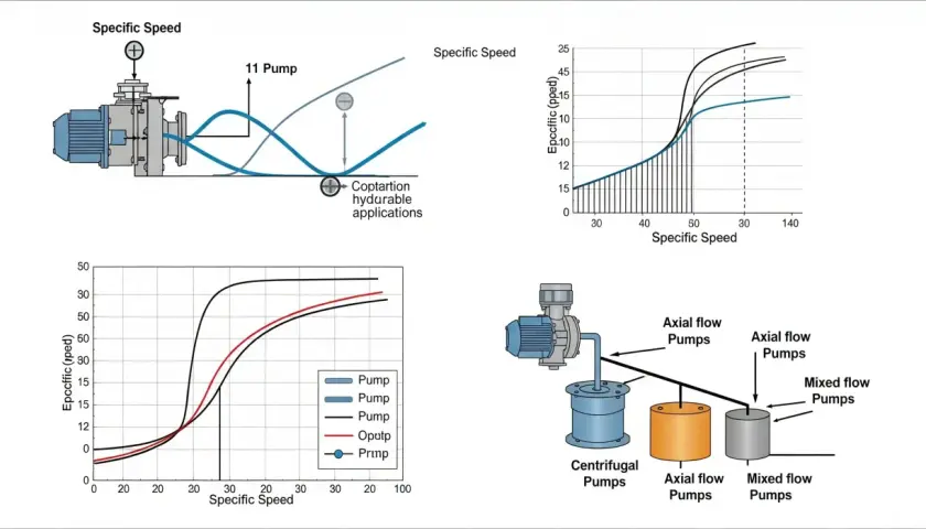 Schémas illustrant la vitesse spécifique des pompes, avec des graphiques montrant la relation entre la vitesse spécifique et l'efficacité, et une illustration des pompes centrifuges, axiales et mixtes. La force centrifuge est une formule clé.