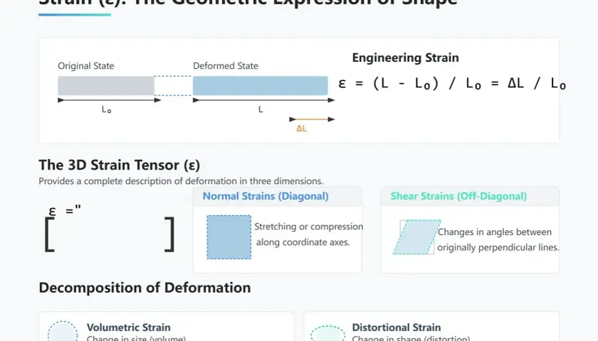 Illustration de la déformation : contrainte normale, cisaillement, volumique et distorsionnelle, expliquant la loi de Hooke généralisée.