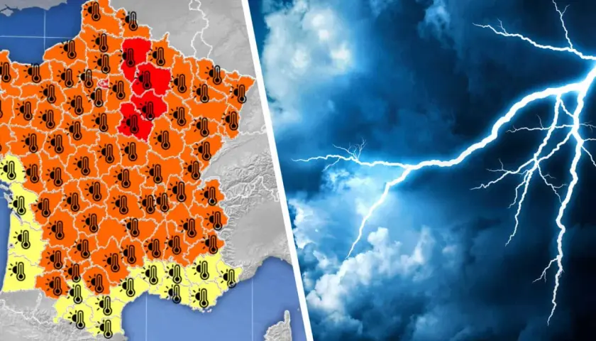 Carte de France avec des thermomètres indiquant des températures élevées, et un ciel orageux avec un éclair. Prévision des orages violents.