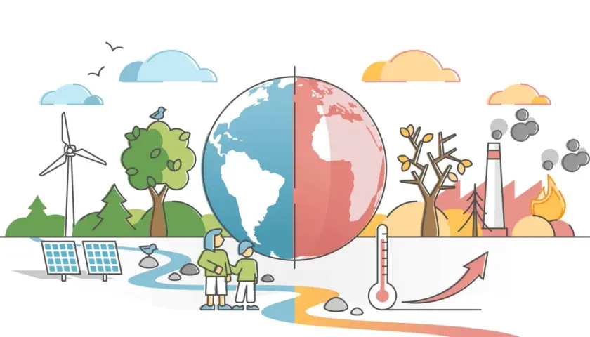 Scène divisée : d'un côté, éolienne, panneaux solaires, nature verdoyante. De l'autre, usine polluante, arbre mort. La Terre montre le réchauffement climatique 2050.