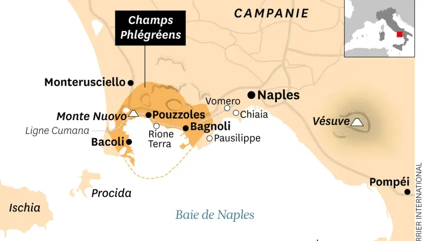 Carte de la Campanie montrant Naples, le Vésuve et les Champs Phlégréens, zone volcanique active. Le danger des Champs Phlégréens est souligné.