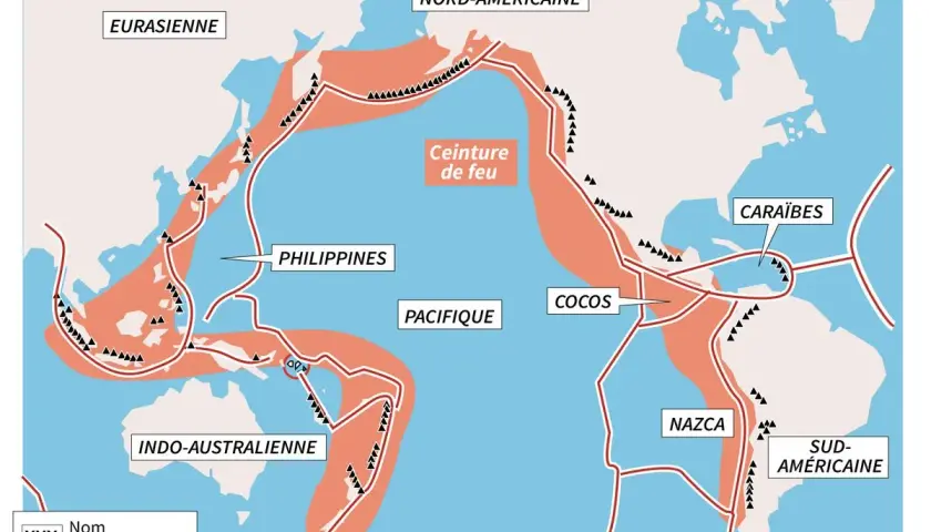 Carte montrant la ceinture de feu, une zone d'intense activité volcanique et sismique autour du Pacifique.
