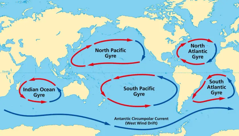 Carte des courants marins mondiaux, montrant les gyres de l'océan Atlantique et Pacifique, ainsi que le courant circumpolaire antarctique.