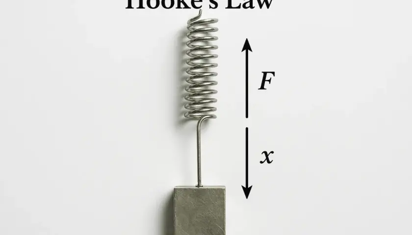 Un ressort suspendu à un poids illustre la loi de Hooke. La force F et le déplacement x sont indiqués par des flèches.