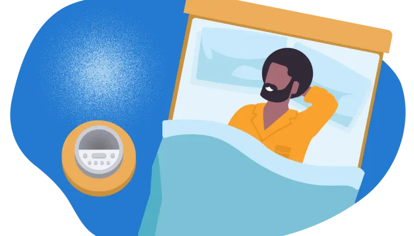 Un homme dort paisiblement, bercé par le bruit blanc d'un appareil. Une aide pour le sommeil, expliquant le bruit blanc définition.