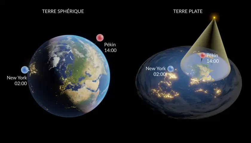 Comparaison entre la Terre sphérique et la Terre plate. Sur la sphérique, New York est à 02h00 et Pékin à 14h00. Sur la plate, le soleil éclaire différemment.