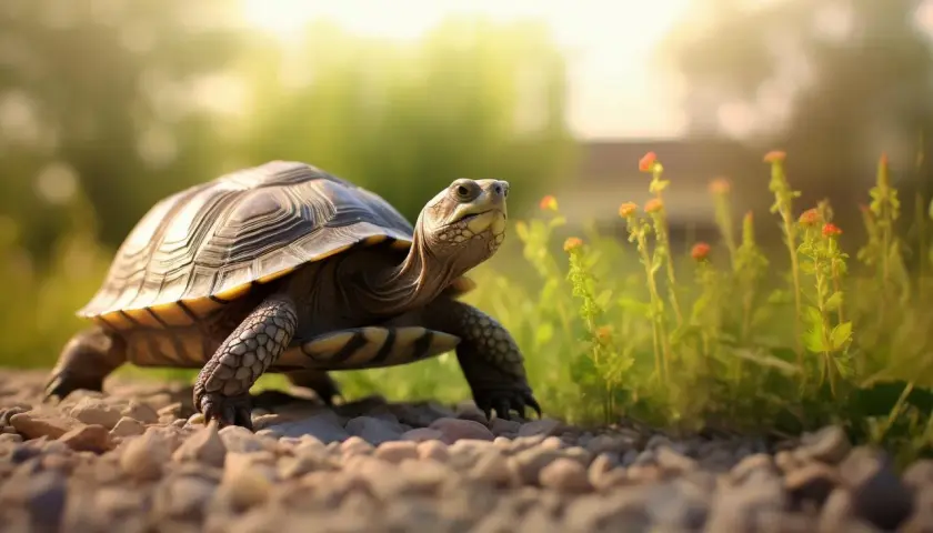 Un bébé tortue, nommé Tortillon, explore un chemin caillouteux sous un soleil doux, entouré de fleurs sauvages.