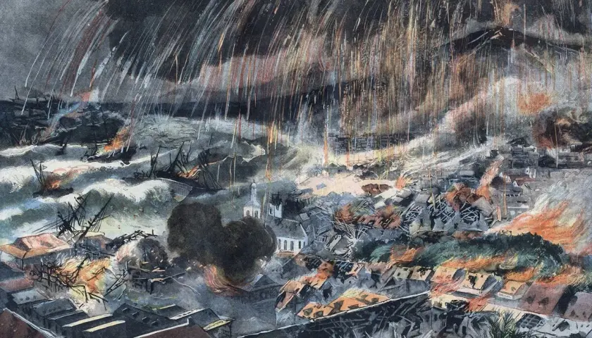 Éruption de la montagne pelée en 1902. La ville est en feu, des bateaux sombrent. Un survivant témoigne de l'horreur.