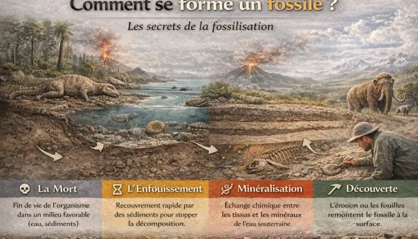 Les 4 types de fossiles : mort, enfouissement, minéralisation et découverte. Illustration d'un paysage préhistorique avec mammouths et volcans.