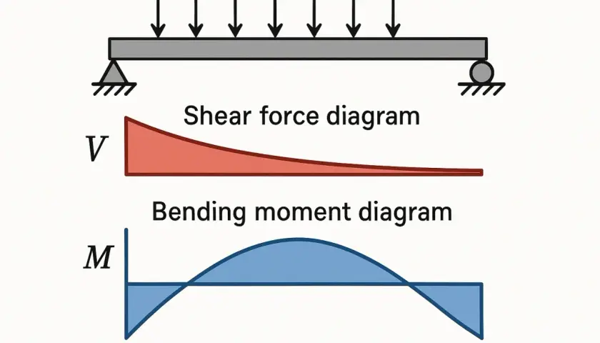 Diagrammes de force tranchante et de moment fléchissant pour une poutre sous charge uniformément répartie. Le moment d'une force formule est illustré.