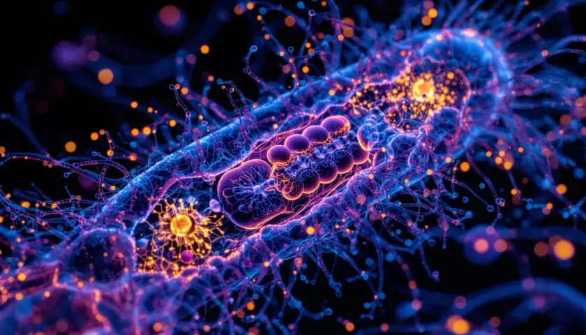 Cellules bleues et oranges lumineuses, évoquant la recherche sur la maladie mitochondriale et l'espérance de vie.
