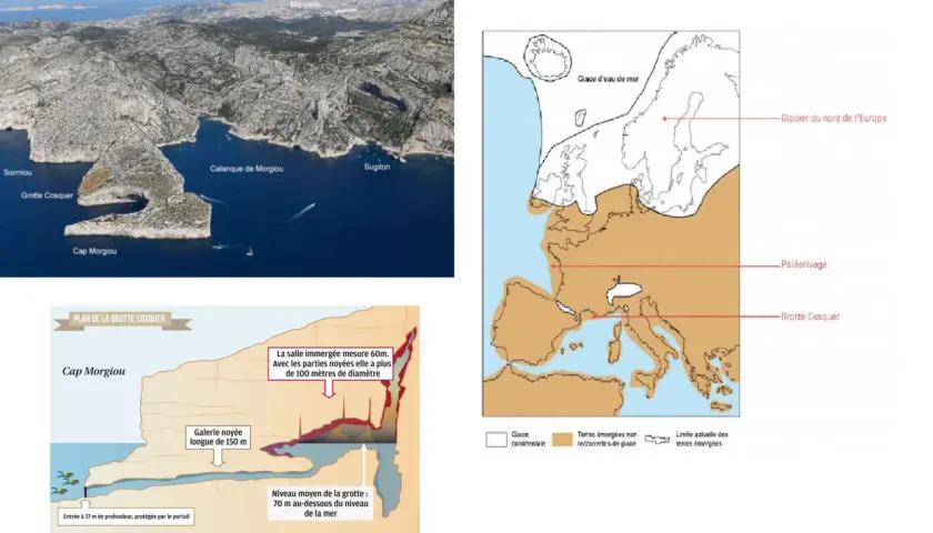 Vue aérienne des Calanques de Marseille, avec la grotte Cosquer. Carte montrant l'Europe il y a 65 millions d'années, avec les glaciers.