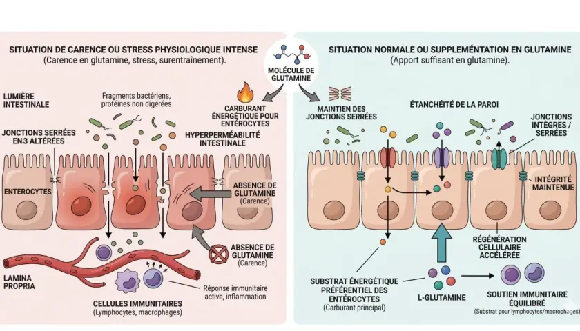 Schéma comparant l'intestin en carence de glutamine (hyperperméabilité, inflammation) et en situation normale où la glutamine maintient l'intégrité et le soutien immunitaire.
