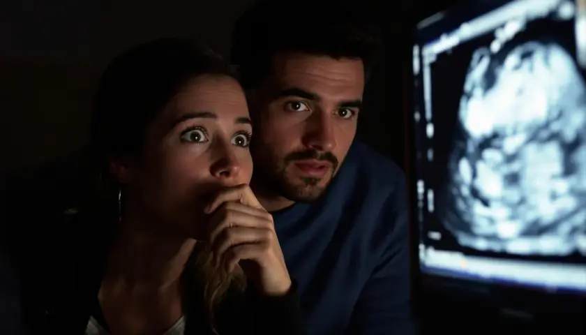 Un couple découvre avec stupeur sur une échographie jumeaux caché. Leurs yeux écarquillés reflètent l'incrédulité face à cette nouvelle inattendue.