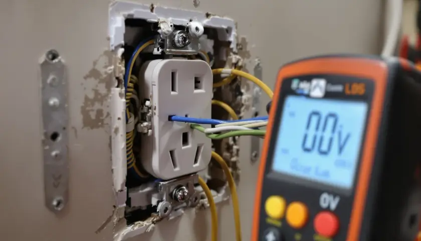 Un multimètre affiche 00V, une unité de mesure de la tension, près d'une prise électrique en cours d'installation.