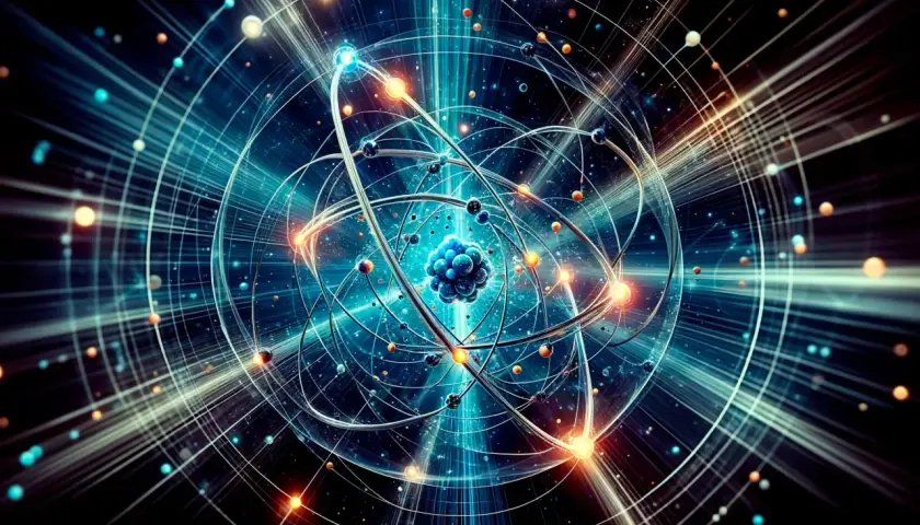 Représentation abstraite de l'état fondamentale d'un atome, avec un noyau central bleu entouré d'électrons orbitant sur des trajectoires lumineuses.