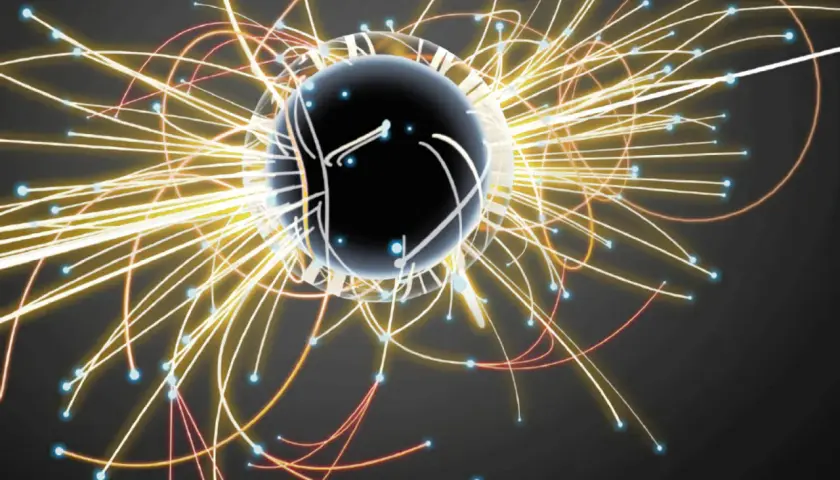 Une sphère noire au centre, entourée de traînées lumineuses jaunes et rouges. C'est quoi un photon ? Une particule de lumière.