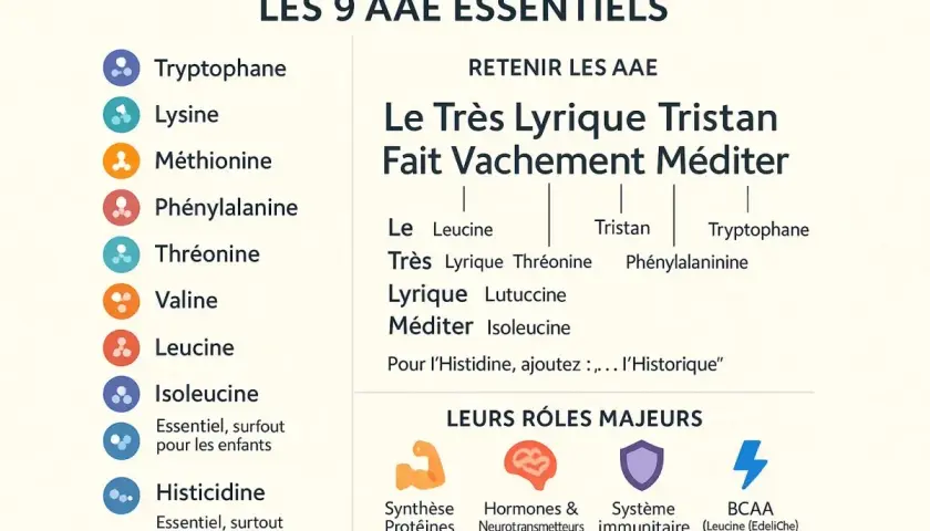 Liste des 9 acides aminés essentiels (AAE) avec une phrase mnémotechnique pour les retenir et leurs rôles majeurs.