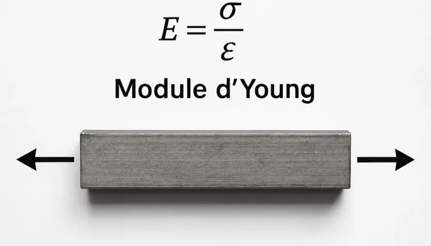 Le module d'Young illustré par une barre métallique soumise à des forces opposées. La formule E = σ/ε est affichée.