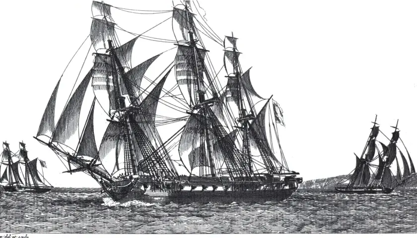 La Méduse, un navire de 75m, navigue avec ses voiles gonflées par le vent, suivi par d'autres voiliers.