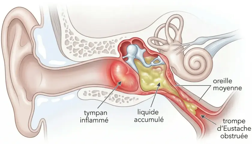 Coupe de l'oreille montrant un tympan enflammé, du liquide accumulé et une trompe d'Eustache obstruée, symptômes d'une otite virale ou bactérienne.