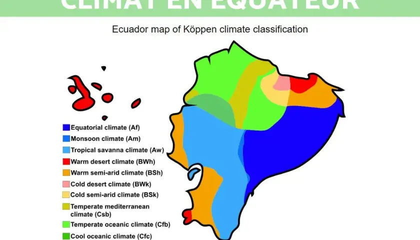Carte de l'Équateur montrant la classification climatique de Köppen. La ligne équatoriale traverse plusieurs zones climatiques, dont l'équatorial, la savane et le désert.