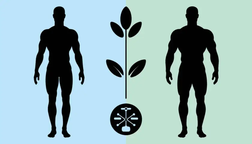 Deux silhouettes masculines au corps un peu musclé encadrent une plante stylisée et un symbole technologique.
