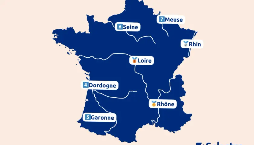 Carte des fleuves de France, montrant la Seine, la Loire, la Garonne, la Dordogne, le Rhône, le Rhin et la Meuse.