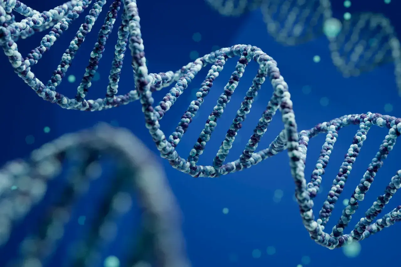Schéma de l'ADN en double hélice, avec des particules bleues et violettes formant la structure.