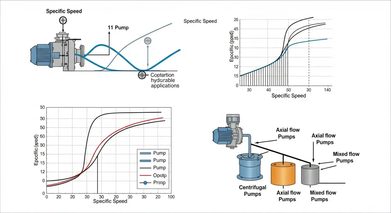 Schémas illustrant la vitesse spécifique des pompes, avec des graphiques montrant la relation entre la vitesse spécifique et l'efficacité, et une illustration des pompes centrifuges, axiales et mixtes. La force centrifuge est une formule clé.