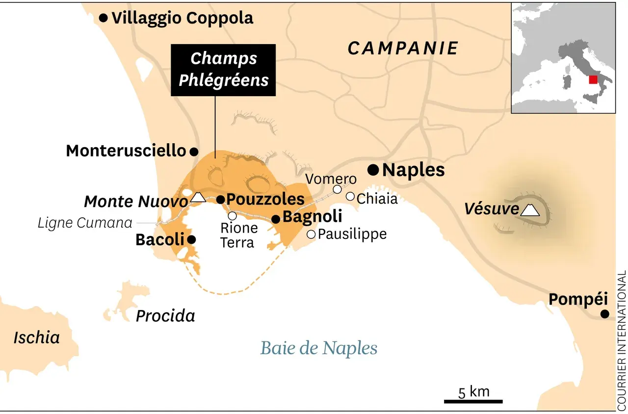 Carte de la Campanie montrant Naples, le Vésuve et les Champs Phlégréens, zone volcanique active. Le danger des Champs Phlégréens est souligné.
