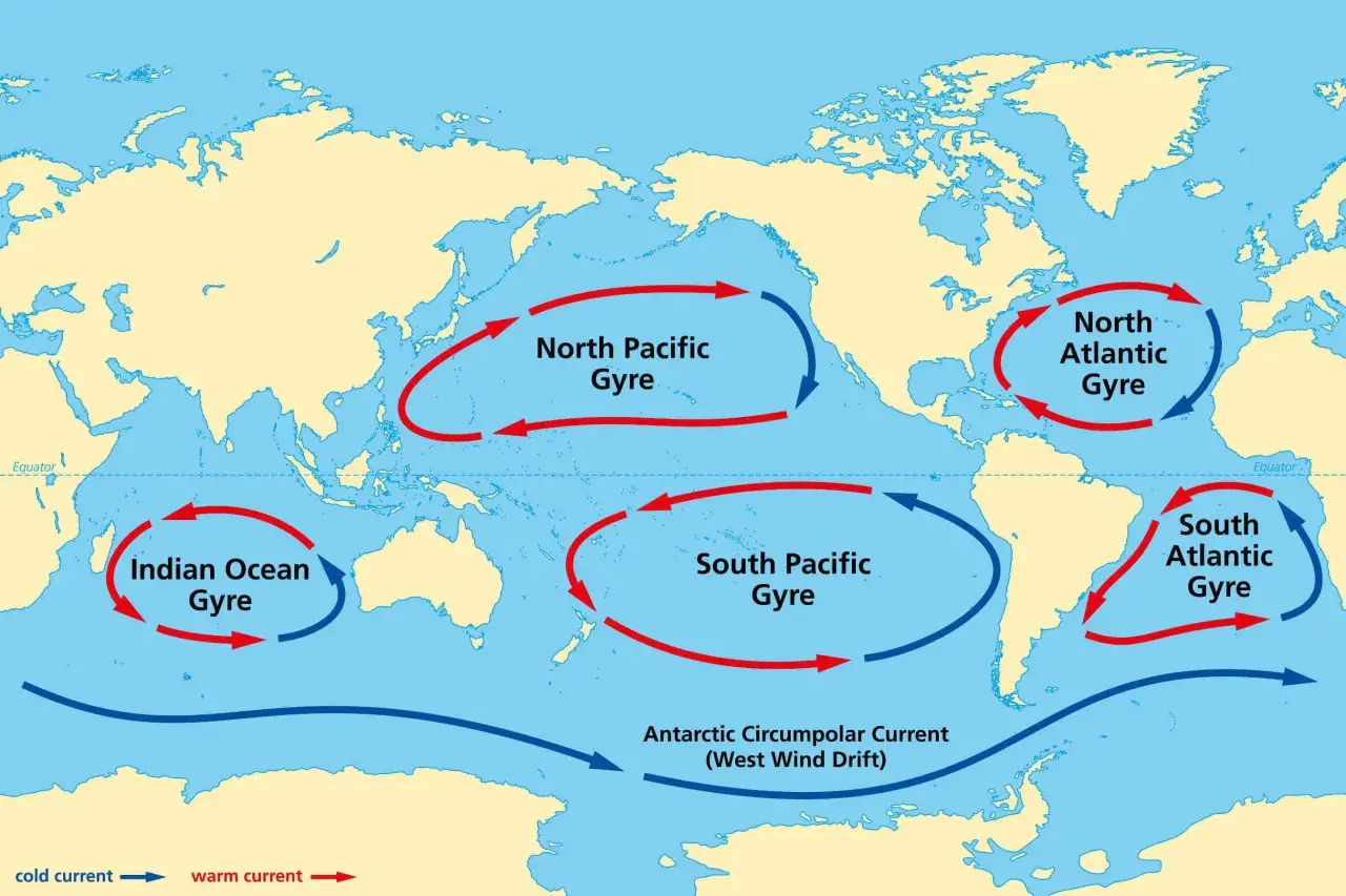Carte des courants marins mondiaux, montrant les gyres de l'océan Atlantique et Pacifique, ainsi que le courant circumpolaire antarctique.