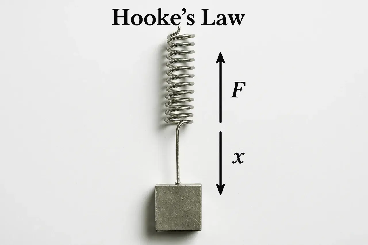 Un ressort suspendu à un poids illustre la loi de Hooke. La force F et le déplacement x sont indiqués par des flèches.