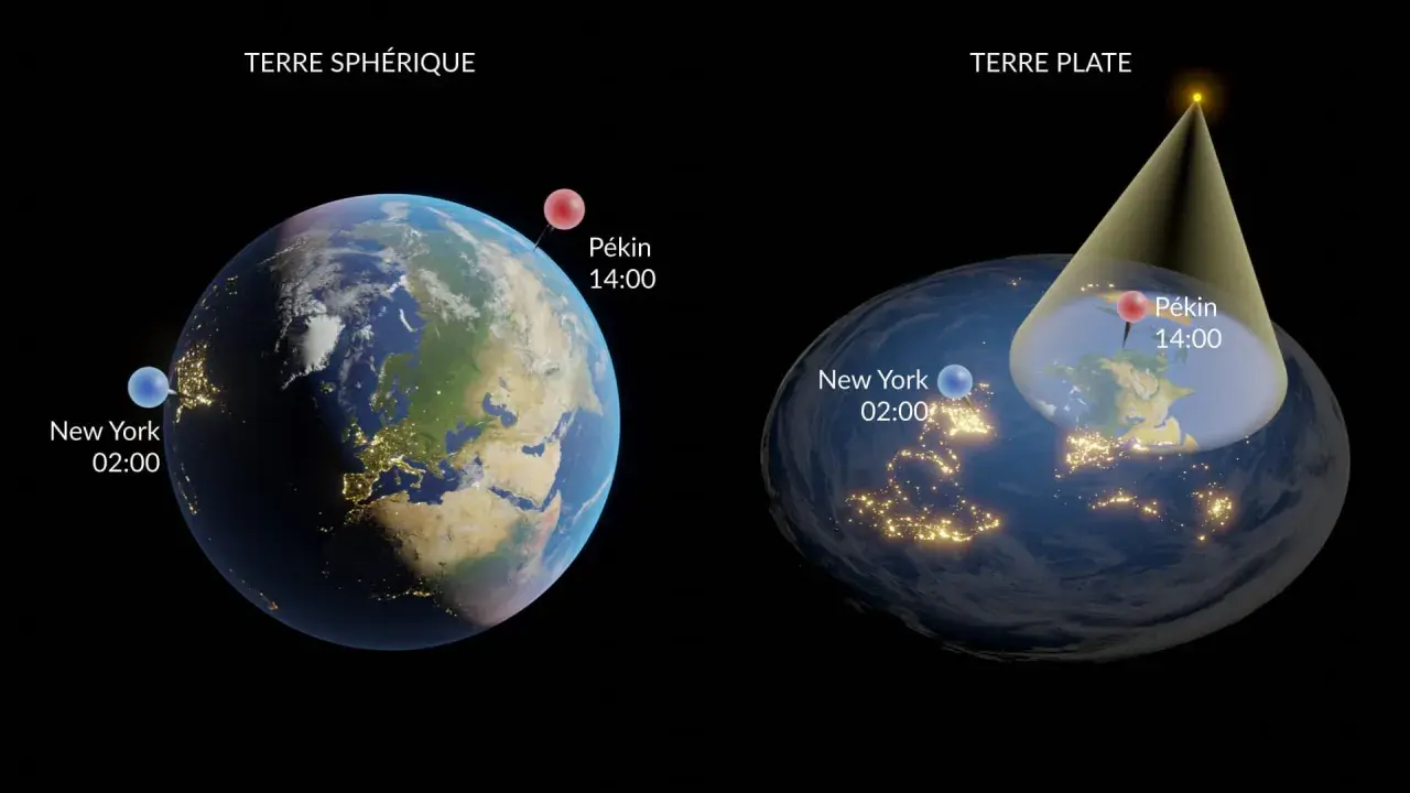 Comparaison entre la Terre sphérique et la Terre plate. Sur la sphérique, New York est à 02h00 et Pékin à 14h00. Sur la plate, le soleil éclaire différemment.